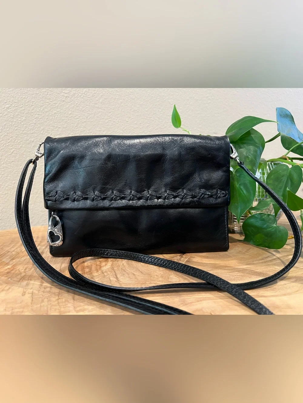 Brighton Women's Black Leather Braided Flap Crossbody Bag